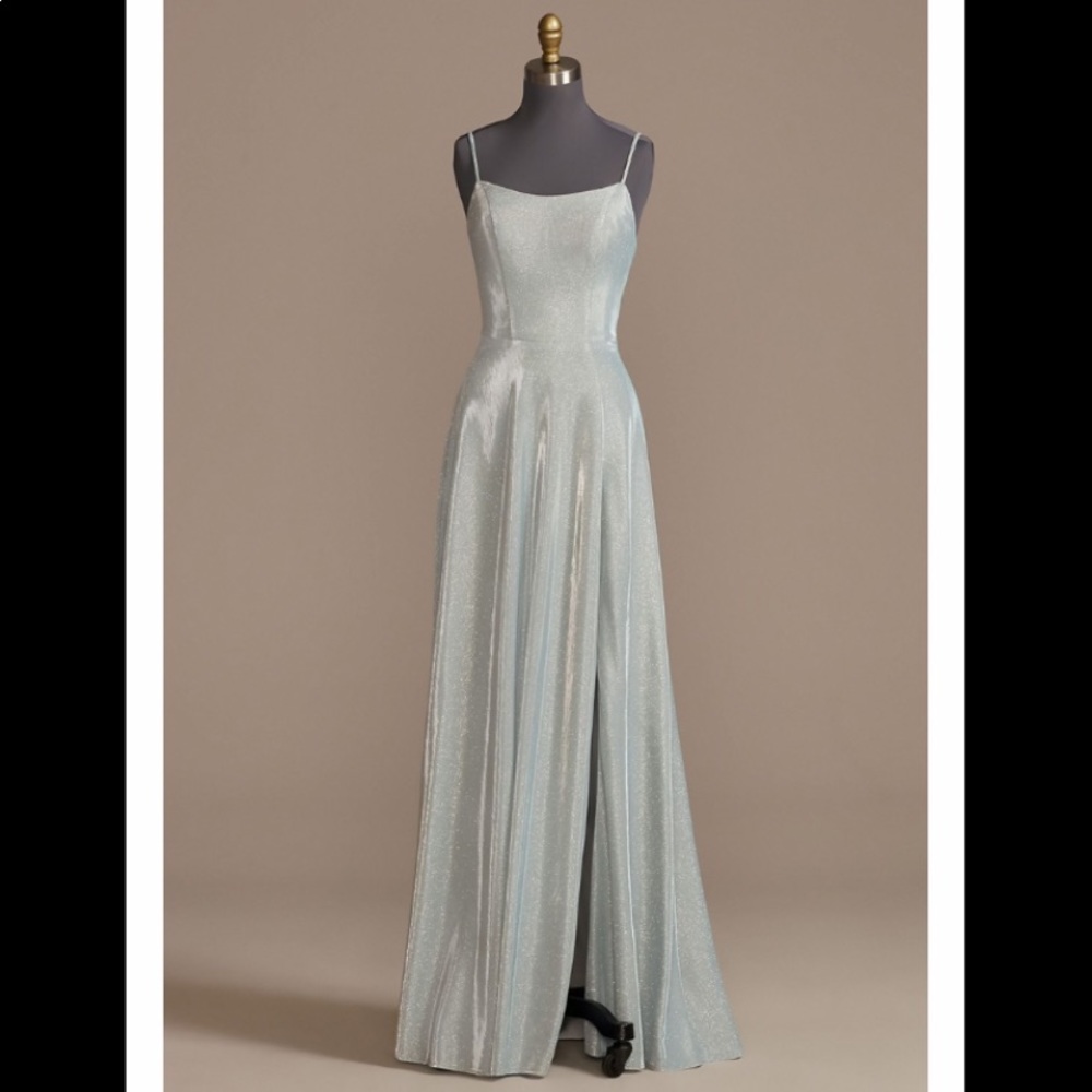 Spaghetti Strap Glitter Shine Gown With Slit